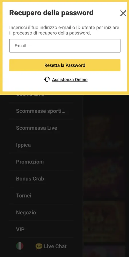 Modulo recupero password con campo email e pulsante reset