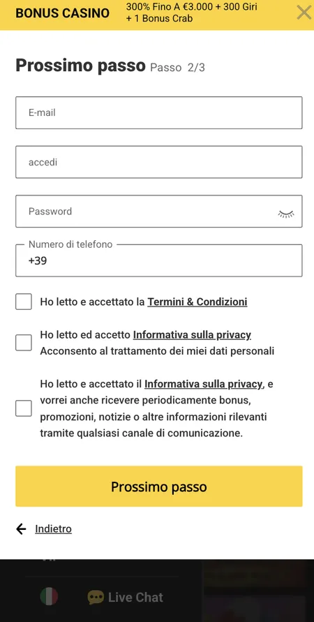 Modulo di registrazione Zet Casino passo 2 con bonus benvenuto